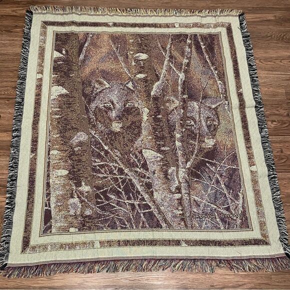 NWOT Mohawk Fleeting Glimpse Wolf In Birch Trees Tapestry Throw by David Wendell - Picture 9 of 9